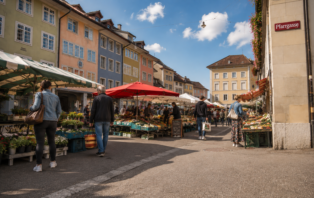 Steinberggasse in der Winterthurer Altstadt mit Marktständen