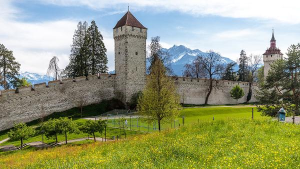 Le mura di Musegg con le loro torri sopra il centro storico di Lucerna