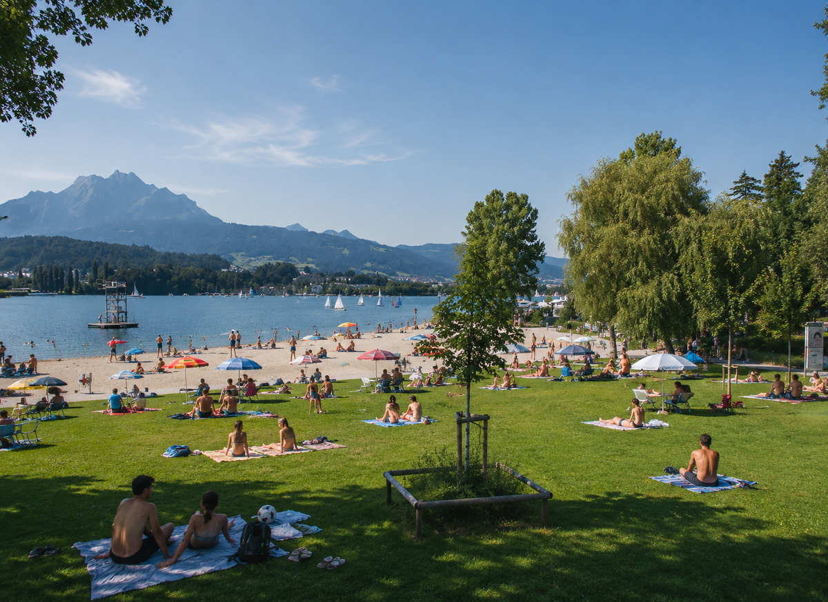 Spiaggia di sabbia e prato del bagno Lido sul Lago dei Quattro Cantoni