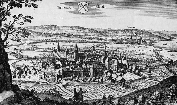 Ansicht der Stadt Biel 1642. Radierung von M. Merian nach J. H. Laubscher.