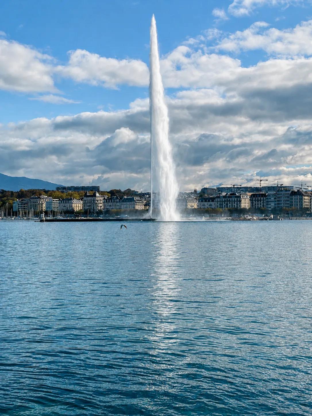 Der Jet d'eau in Genf in voller Höhe, Hochformat